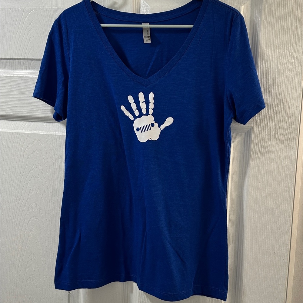 Blue V-Neck T-Shirt with White Jeep wave Handprint Design